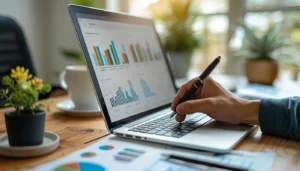 A person reviewing colourful website analytics charts on a laptop at a bright workspace, representing data-driven SEO reporting and performance tracking.