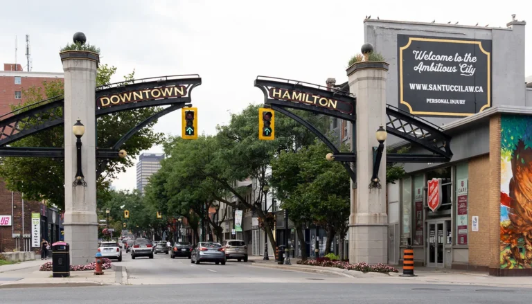 Downtown Hamilton street entrance sign with traffic lights, trees, and surrounding buildings on a busy city roadway.