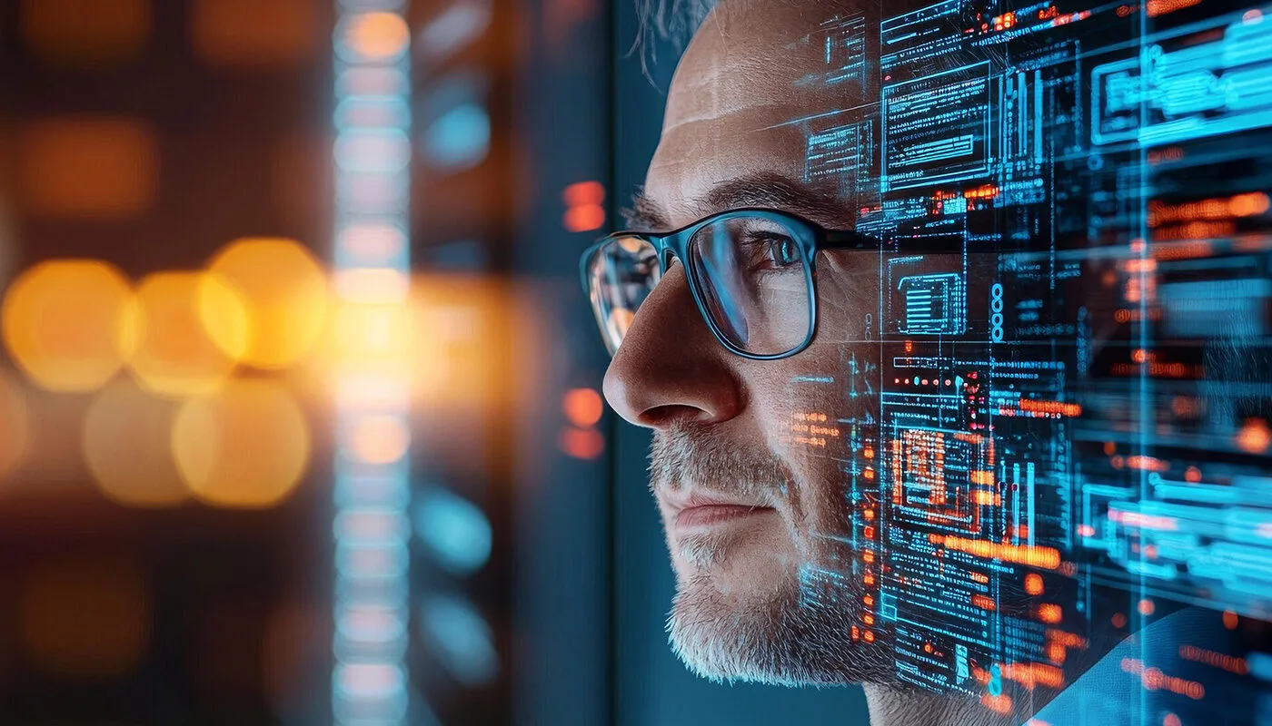 Pensive programmer overlaid with futuristic circuit patterns gazing at a glowing screen, representing the blend of human insight and advanced technology used to future-proof modern Hamilton business websites.