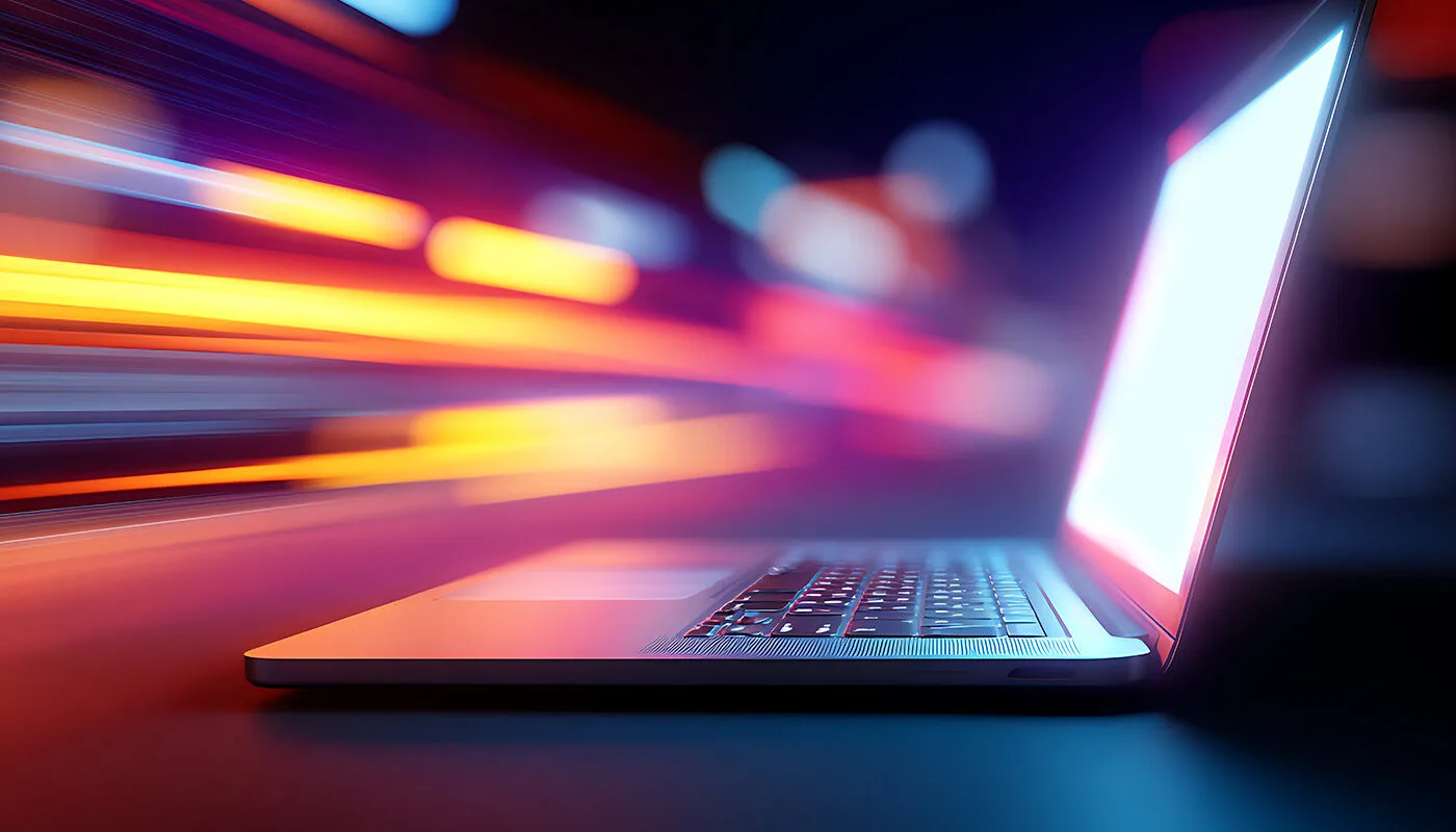 laptop with glowing screen and motion blur representing fast website performance and modern digital speed
